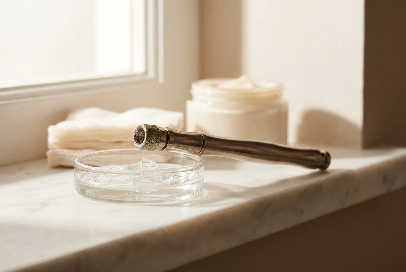 Diamond-tip microdermabrasion handpiece on a glass dish at The Skin Method