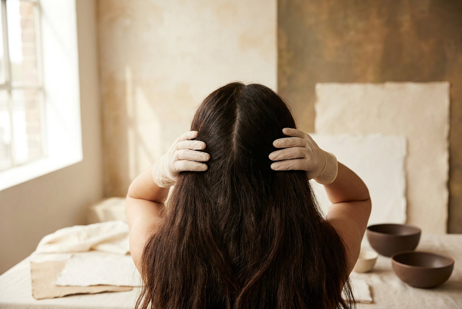 Hair being parted to reveal the scalp line